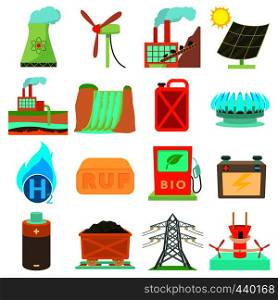 Energy sources icons set. Cartoon illustration of 16 energy sources vector icons for web. Energy sources items icons set, cartoon style