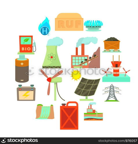 Energy sources icons set. Cartoon illustration of 16 energy sources vector icons for web. Energy sources items icons set, cartoon style