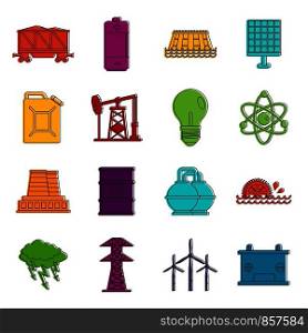 Energy sources icons set. Doodle illustration of vector icons isolated on white background for any web design. Energy sources items icons doodle set