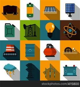 Energy sources icons set. Flat illustration of 16 energy sources vector icons for web. Energy sources items icons set, flat style