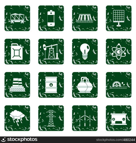 Energy sources icons set in grunge style green isolated vector illustration. Energy sources items icons set grunge