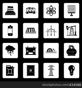 Energy sources icons set in white squares on black background simple style vector illustration. Energy sources items icons set squares vector