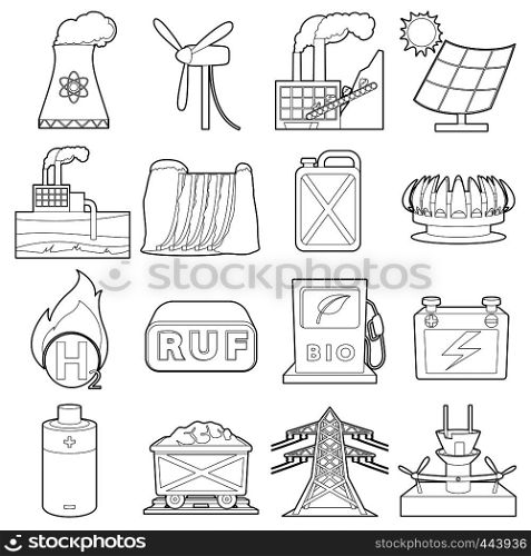 Energy sources icons set. Outline illustration of 16 energy sources vector icons for web. Energy sources items icons set, outline style
