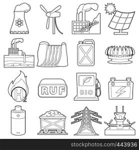 Energy sources icons set. Outline illustration of 16 energy sources vector icons for web. Energy sources items icons set, outline style