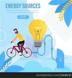 Energy Sources Motivation Cartoon Metaphor Banner. Man Rides Bicycle Generating Ecological Electricity Resource for Light. Electric Power Generation. Alternative Technology. Vector Flat Illustration. Energy Sources Motivation Cartoon Metaphor Banner