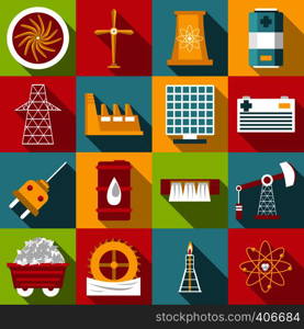 Energy sources symbols icons set. Flat illustration of 16 energy sources symbols vector icons for web. Energy sources symbols icons set, flat style