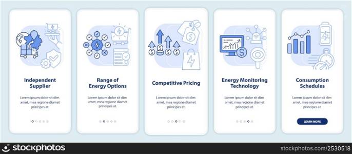 Energy strategy essentials blue light onboarding mobile app screen. Walkthrough 5 steps graphic instructions pages with linear concepts. UI, UX, GUI template. Myriad Pro-Bold, Regular fonts used. Energy strategy essentials blue light onboarding mobile app screen