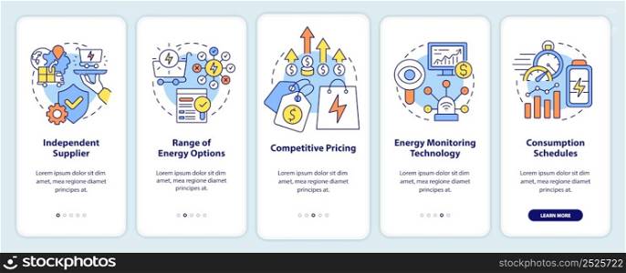 Energy strategy key parts onboarding mobile app screen. Consumption walkthrough 5 steps graphic instructions pages with linear concepts. UI, UX, GUI template. Myriad Pro-Bold, Regular fonts used. Energy strategy key parts onboarding mobile app screen