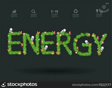 Energy text eco concept with green grass alphabet letters design, Vector illustration modern design template