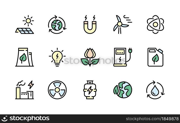 Energy vector line icons set. Eco colored energy icon. Energy of the sun, earth, wind, water and much more. Isolated collection of energy icon for website and mobile on white background.. Energy vector line icons. Isolated collection colored energy icons on white background. Energy type symbol vector set.