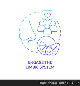 Engage limbic system blue gradient concept icon. Sensory marketing strategy abstract idea thin line illustration. Direct stimulation by smell. Isolated outline drawing. Myriad Pro-Bold font used. Engage limbic system blue gradient concept icon