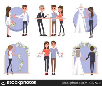 Engaged couples during grandiose wedding ceremony preparation and celebration isolated cartoon flat vector illustrations set on white background.. Wedding Preparation and Celebration Illustrations
