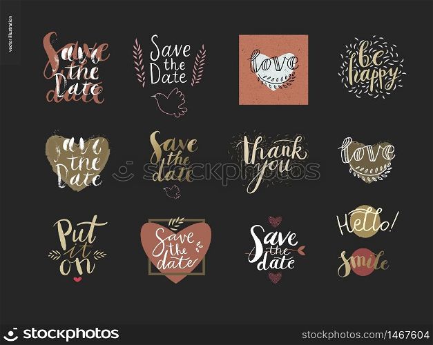 Engagement and wedding writing. Vector cartoon black brush hand written lettering with illustrated elements on wedding and engagement. Save the date, Put it on, Hello, Smile, Love, Be happy, Thank you. Engagement and wedding lettering