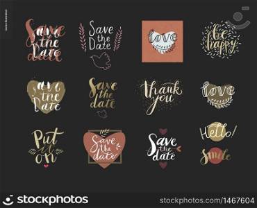 Engagement and wedding writing. Vector cartoon black brush hand written lettering with illustrated elements on wedding and engagement. Save the date, Put it on, Hello, Smile, Love, Be happy, Thank you. Engagement and wedding lettering