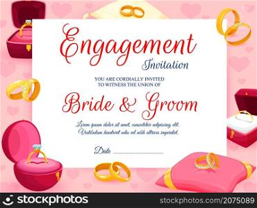Engagement invitation with golden rings, wedding card to invite for marriage, vector design template. Engagement invitation card with pink love hearts and diamond rings frame for bride and groom names. Engagement invitation, golden rings for wedding