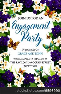 Engagement party invitation card for wedding or Save the Date design. Vector wedding flowers frame of crocuses and blooming blossoms with butterflies and bride or bridegroom names. Vector flowers card for engagement party