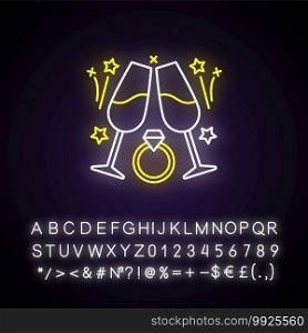 Engagement party neon light icon. Wedding date. Marriage celebration. Romantic relationship. Outer glowing effect. Sign with alphabet, numbers and symbols. Vector isolated RGB color illustration. Engagement party neon light icon