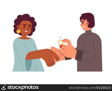 Engagement proposal flat concept vector spot illustration. Asian man proposing to black woman 2D cartoon characters on white for web UI design. Will you marry me isolated editable creative hero image. Engagement proposal flat concept vector spot illustration