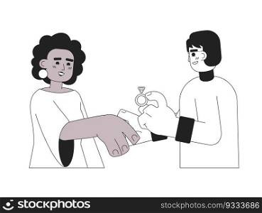 Engagement proposal monochrome concept vector spot illustration. Asian man proposing to black woman 2D flat bw cartoon characters for web UI design. Marry me isolated editable hand drawn hero image. Engagement proposal monochrome concept vector spot illustration