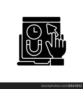 Engagement rate black glyph icon. Shows how long a person stays on your web page. Time spent viewing content on site. Silhouette symbol on white space. Vector isolated illustration. Engagement rate black glyph icon