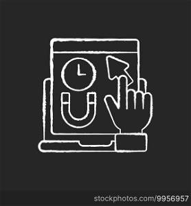 Engagement rate chalk white icon on black background. Shows how long a person stays on your web page. Time spent viewing content on site. Isolated vector chalkboard illustration. Engagement rate chalk white icon on black background