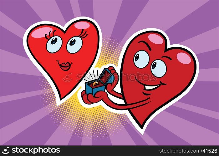 Engagement ring marriage proposal, pop art retro comic book illustration. Valentines day red hearts. Love couple male and female character