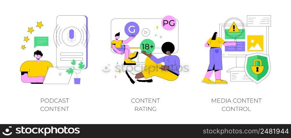 Engaging marketing abstract concept vector illustration set. Podcast content rating, media content control, promotion strategy, monetization, games and apps, user guidelines abstract metaphor.. Engaging marketing abstract concept vector illustrations.