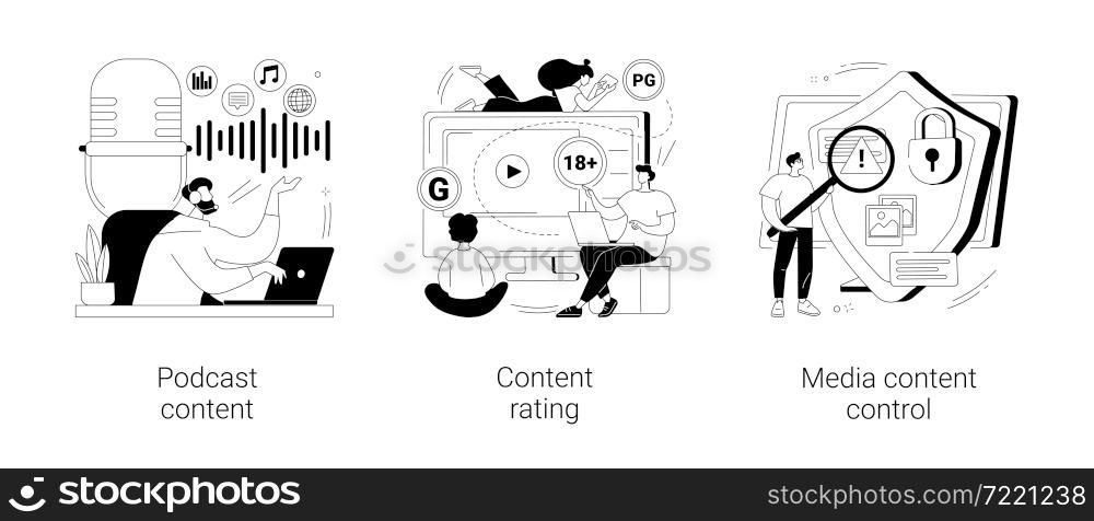 Engaging marketing abstract concept vector illustration set. Podcast content rating, media content control, promotion strategy, monetization, games and apps, user guidelines abstract metaphor.. Engaging marketing abstract concept vector illustrations.