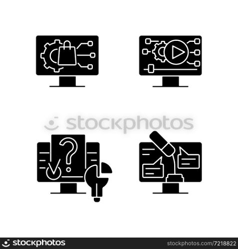 Engaging with digital technology black glyph icons set on white space. Product development. Video for social media. Problem solving. Online speech. Silhouette symbols. Vector isolated illustration. Engaging with digital technology black glyph icons set on white space