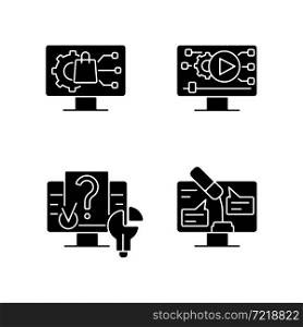 Engaging with digital technology black glyph icons set on white space. Product development. Video for social media. Problem solving. Online speech. Silhouette symbols. Vector isolated illustration. Engaging with digital technology black glyph icons set on white space