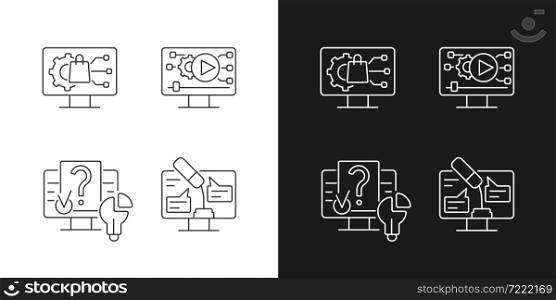 Engaging with digital technology linear icons set for dark and light mode. Product development. Social media. Customizable thin line symbols. Isolated vector outline illustrations. Editable stroke. Engaging with digital technology linear icons set for dark and light mode