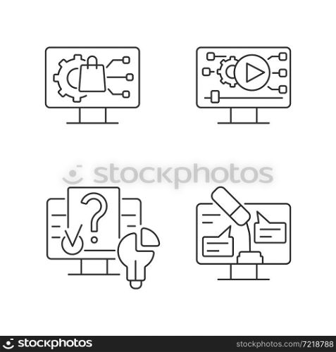 Engaging with digital technology linear icons set. Product development. Video for social media. Customizable thin line contour symbols. Isolated vector outline illustrations. Editable stroke. Engaging with digital technology linear icons set