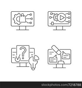 Engaging with digital technology linear icons set. Product development. Video for social media. Customizable thin line contour symbols. Isolated vector outline illustrations. Editable stroke. Engaging with digital technology linear icons set