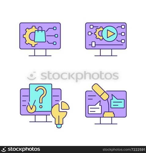 Engaging with digital technology RGB color icons set. Product development. Video for social media. Online speech. Isolated vector illustrations. Simple filled line drawings collection. Editable stroke. Engaging with digital technology RGB color icons set