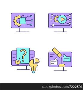 Engaging with digital technology RGB color icons set. Product development. Video for social media. Online speech. Isolated vector illustrations. Simple filled line drawings collection. Editable stroke. Engaging with digital technology RGB color icons set