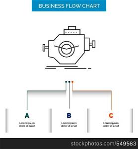 Engine, industry, machine, motor, performance Business Flow Chart Design with 3 Steps. Line Icon For Presentation Background Template Place for text. Vector EPS10 Abstract Template background