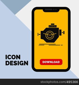 Engine, industry, machine, motor, performance Glyph Icon in Mobile for Download Page. Yellow Background. Vector EPS10 Abstract Template background