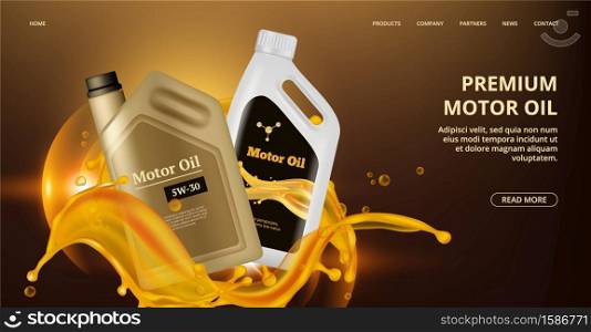 Engine oil landing page. Vector motor oil web page. Realistic plastic canistre, car repair banner. Motor fuel for engine car, bottle oil illustration. Engine oil landing page. Vector motor oil web page. Realistic plastic canistre, car repair banner