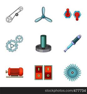 Engine parts icons set. Cartoon set of 9 parts vector icons for web isolated on white background. Engine parts icons set, cartoon style