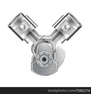 Engine pistons system composition with realistic image of assembled metal engine elements isolated on blank background vector illustration
