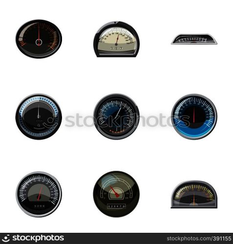 Engine speedometer icons set. Cartoon illustration of 9 engine speedometer vector icons for web. Engine speedometer icons set, cartoon style