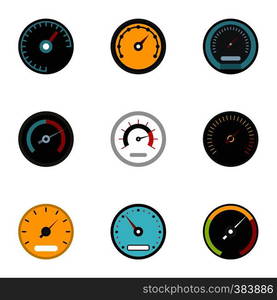 Engine speedometer icons set. Flat illustration of 9 engine speedometer vector icons for web. Engine speedometer icons set, flat style