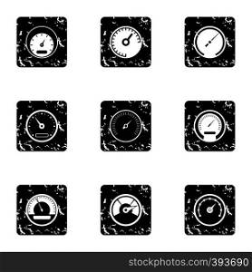 Engine speedometer icons set. Grunge illustration of 9 engine speedometer vector icons for web. Engine speedometer icons set, grunge style