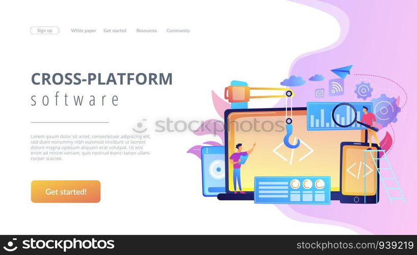 Engineer and developer with laptop and tablet code. Cross-platform development, cross-platform operating systems and software environments concept. Website vibrant violet landing web page template.. Cross-platform development concept landing page.