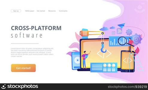 Engineer and developer with laptop and tablet code. Cross-platform development, cross-platform operating systems and software environments concept. Website vibrant violet landing web page template.. Cross-platform development concept landing page.