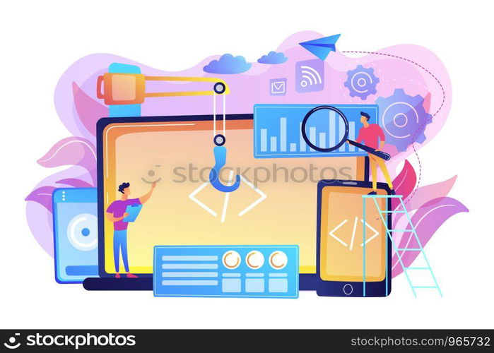 Engineer and developer with laptop and tablet code. Cross-platform development, cross-platform operating systems and software environments concept. Bright vibrant violet vector isolated illustration. Cross-platform development concept vector illustration.