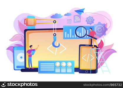 Engineer and developer with laptop and tablet code. Cross-platform development, cross-platform operating systems and software environments concept. Bright vibrant violet vector isolated illustration. Cross-platform development concept vector illustration.