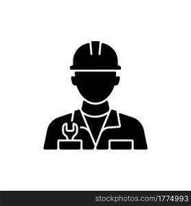 Engineer black glyph icon. Fixing ship during cruise. Keeping mechanisms in good shape. Navigation and manoeuvring system controling. Silhouette symbol on white space. Vector isolated illustration. Engineer black glyph icon