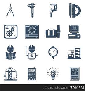 Engineer Black Icons Set. Construction engineer holding project schema black icons set with equipment tools and machinery abstract vector isolated llustration