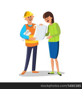 Engineer Builder Discussing With Woman Vector. Character Builder Man Wearing Construction Suit And Helmet With Paper List Speaking With Happy Smiling Young Lady. Flat Cartoon Illustration. Engineer Builder Discussing With Woman Vector Illustration